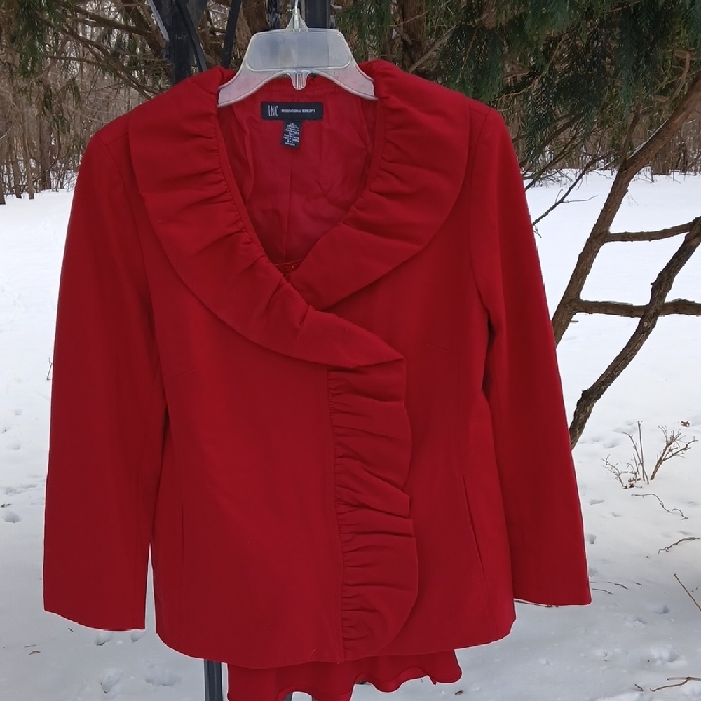 International Concepts Blazer sz L Red ruffle accent Quiet Luxury Old Money